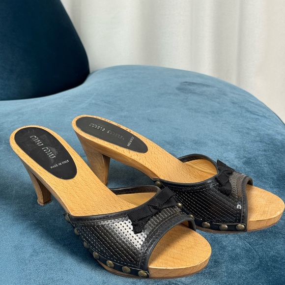Miu Miu Shoes - Miu Miu Y2K Sequin Bow Wooden Clog Heel Mules size 39/8.5